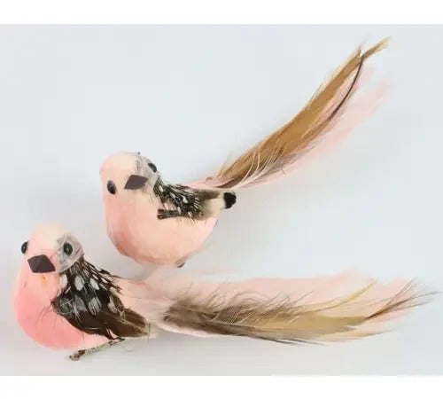 Medium Light Pink Feathered Clip-on Bird Ornaments, Set of 6