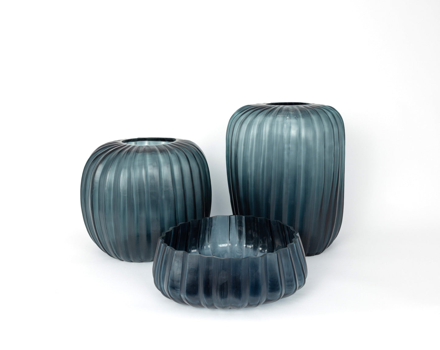 Contemporary Indigo Mouthblown Vertical Rib Glass Vase - Round