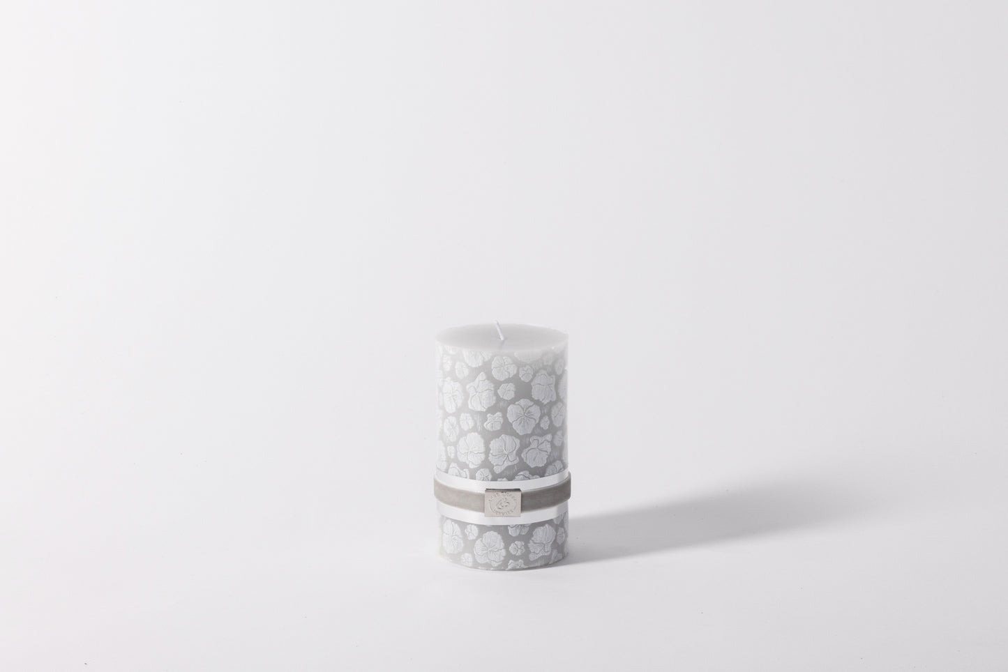 Floral Decorative Paraffin Pillar Candle in Light Grey - Short