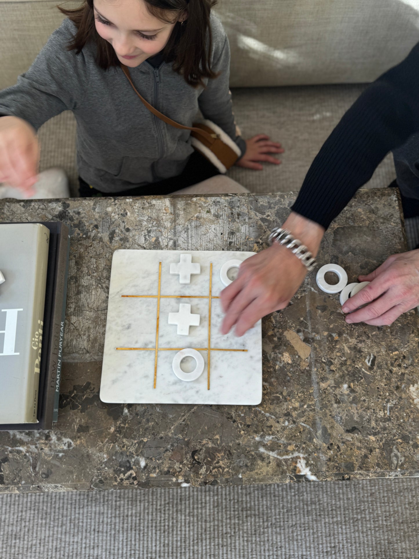 Tic-Tac-Toe Game Board in Carrara Marble With Gold Details