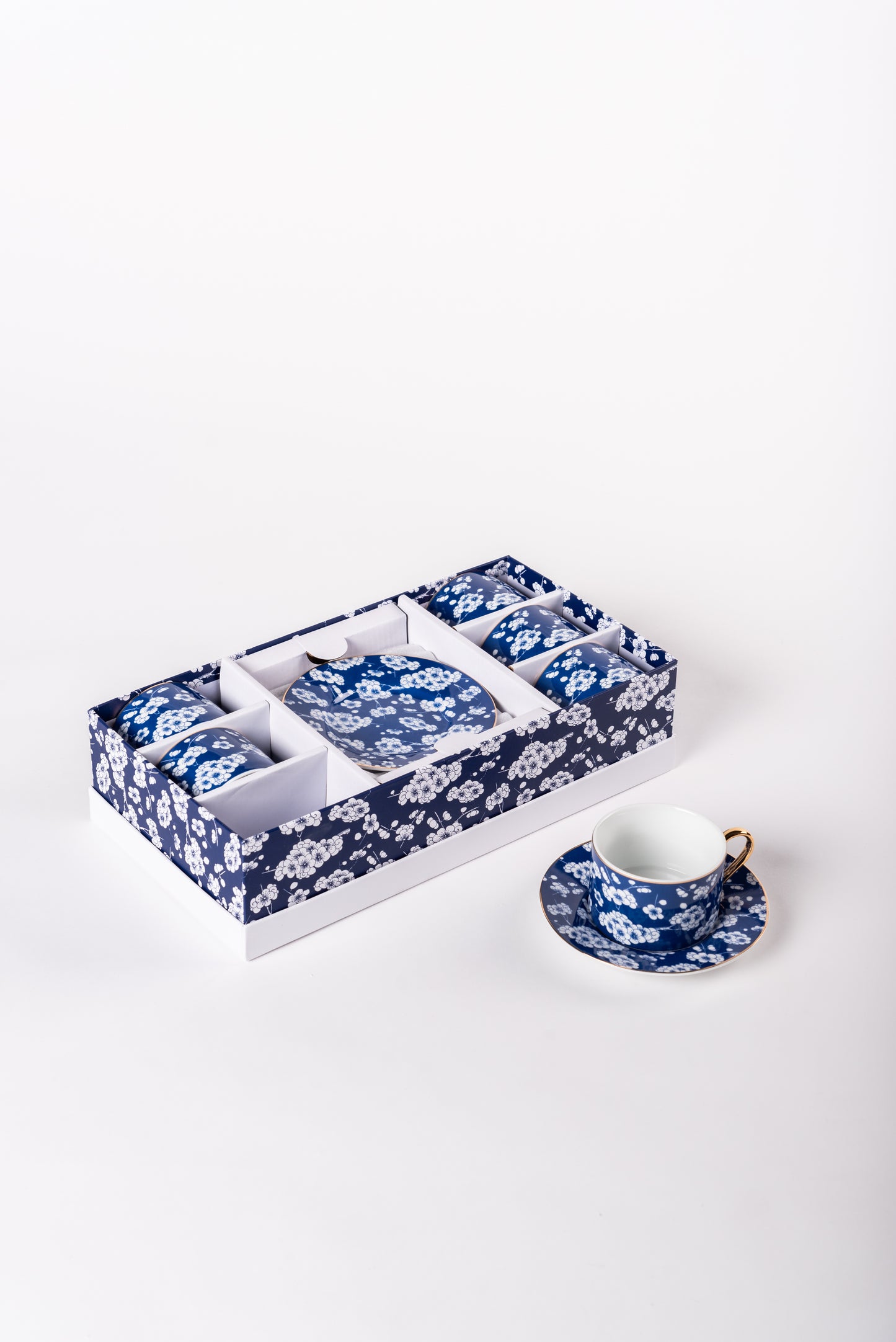 Blue Porcelain Tea Cups with White Cherry Blossoms - Set of 6