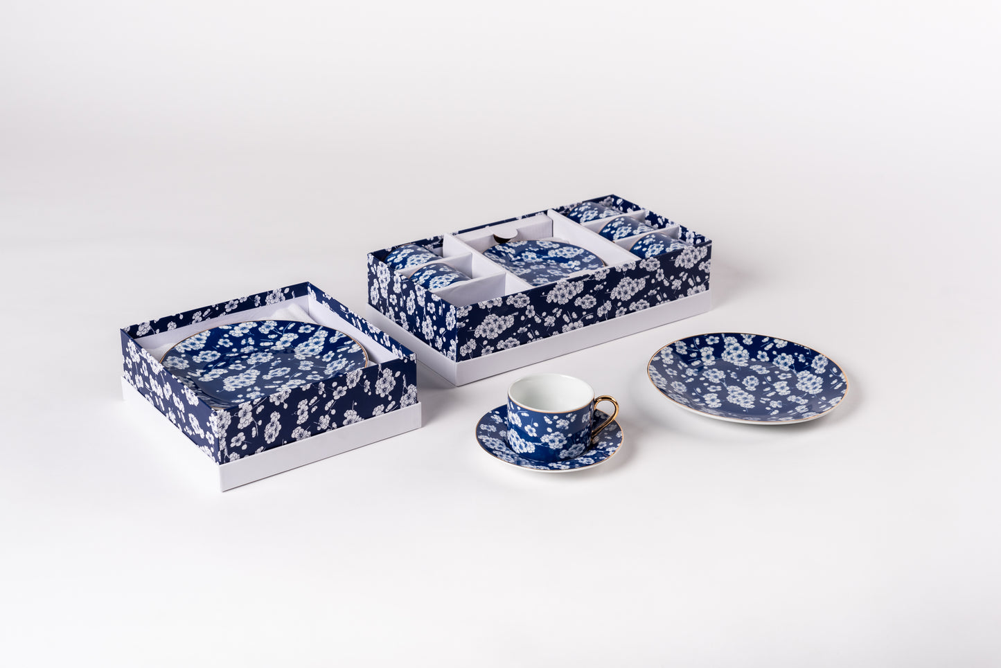Blue Porcelain Dessert Plates with White Cherry Blossoms - Set of 6