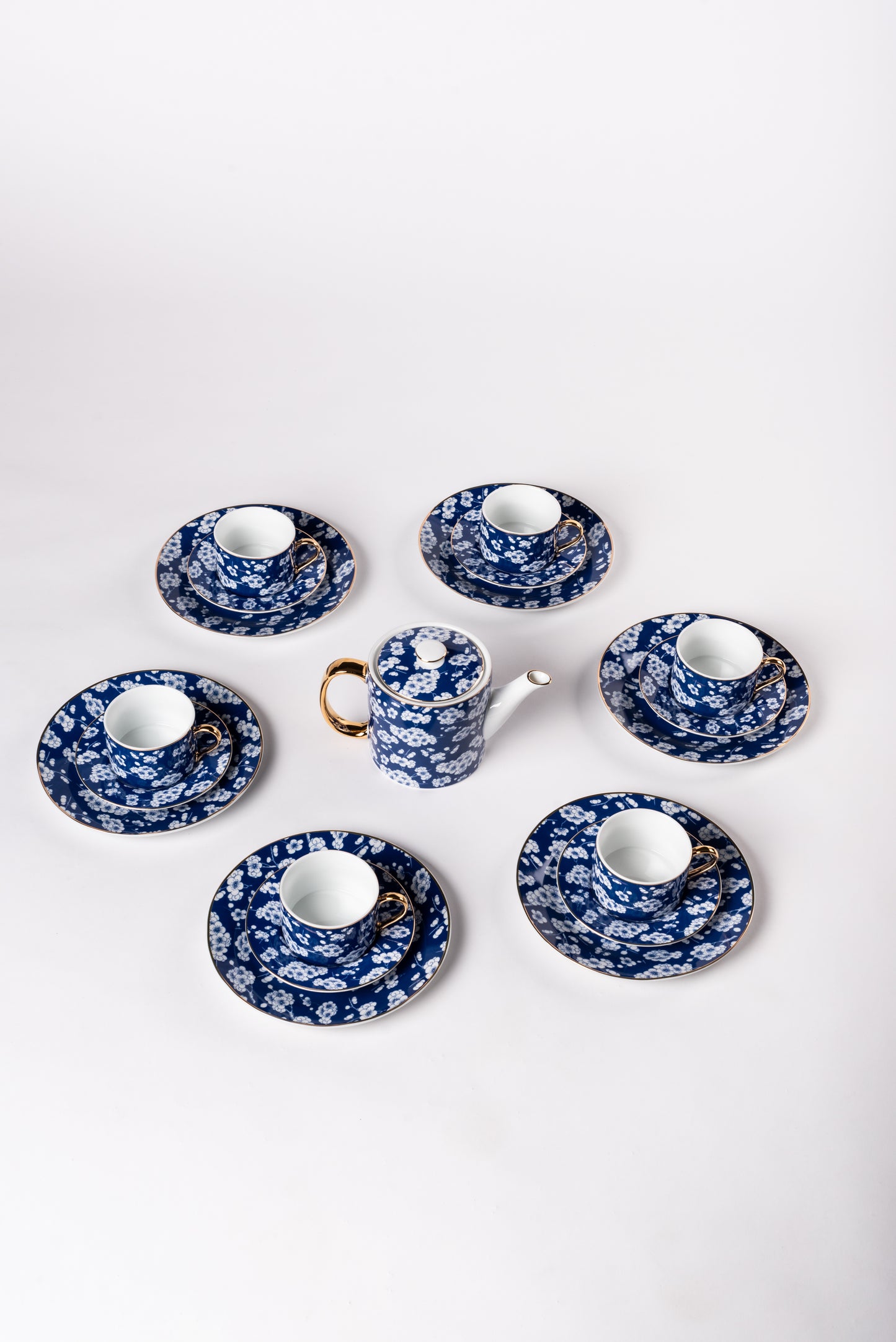 Blue Porcelain Tea Cups with White Cherry Blossoms - Set of 6