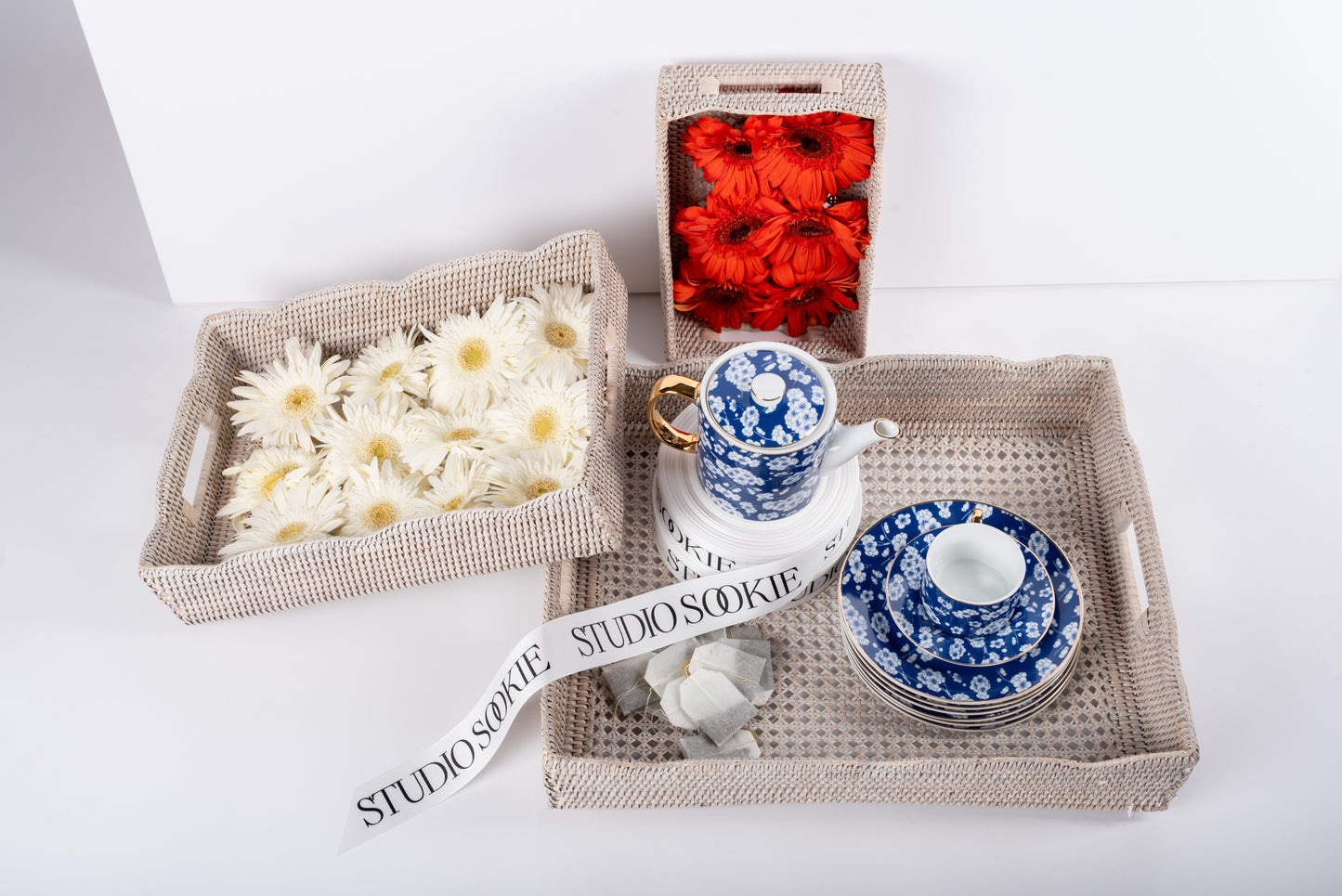 Blue Porcelain Teapot with White Cherry Blossoms