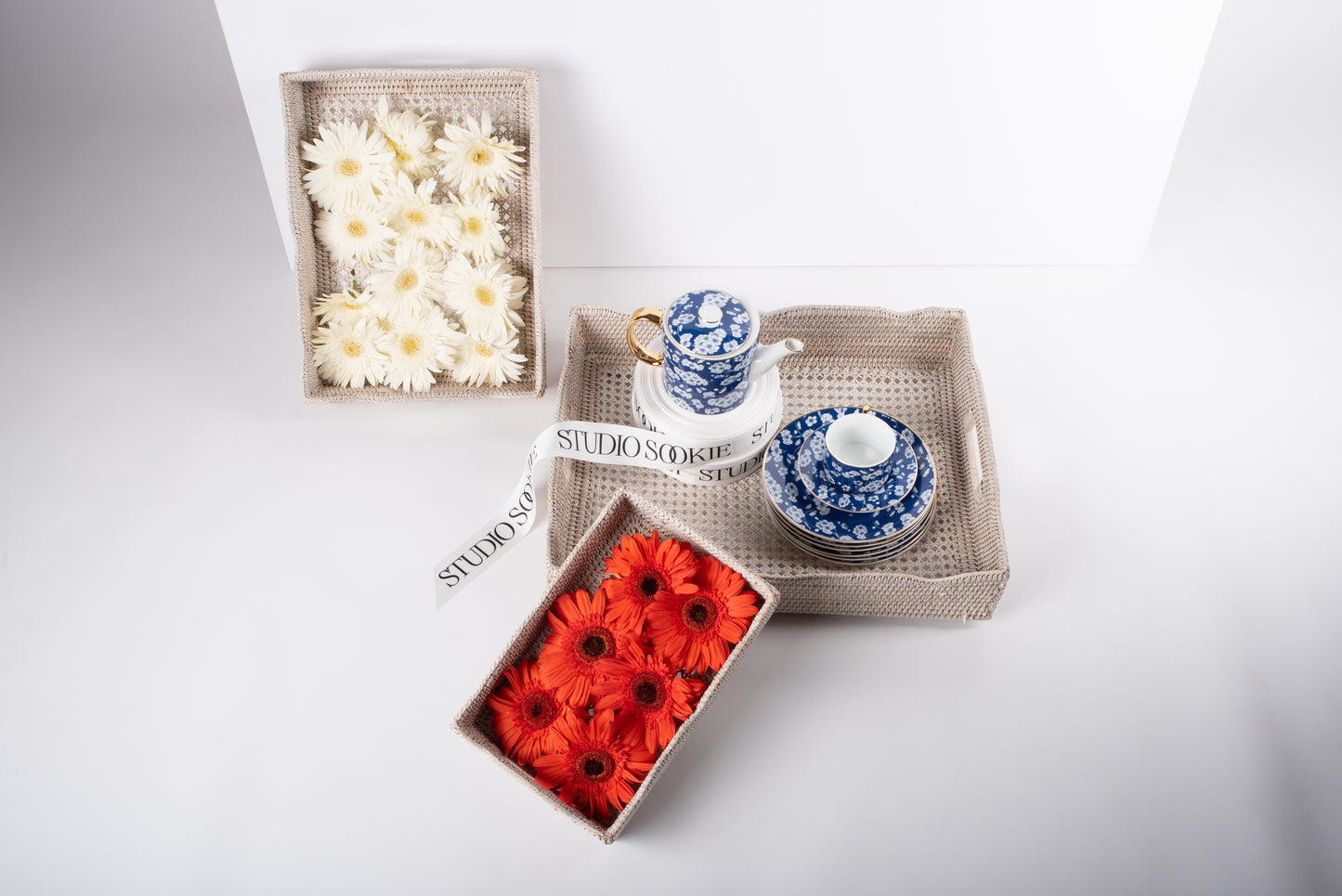 Blue Porcelain Teapot with White Cherry Blossoms