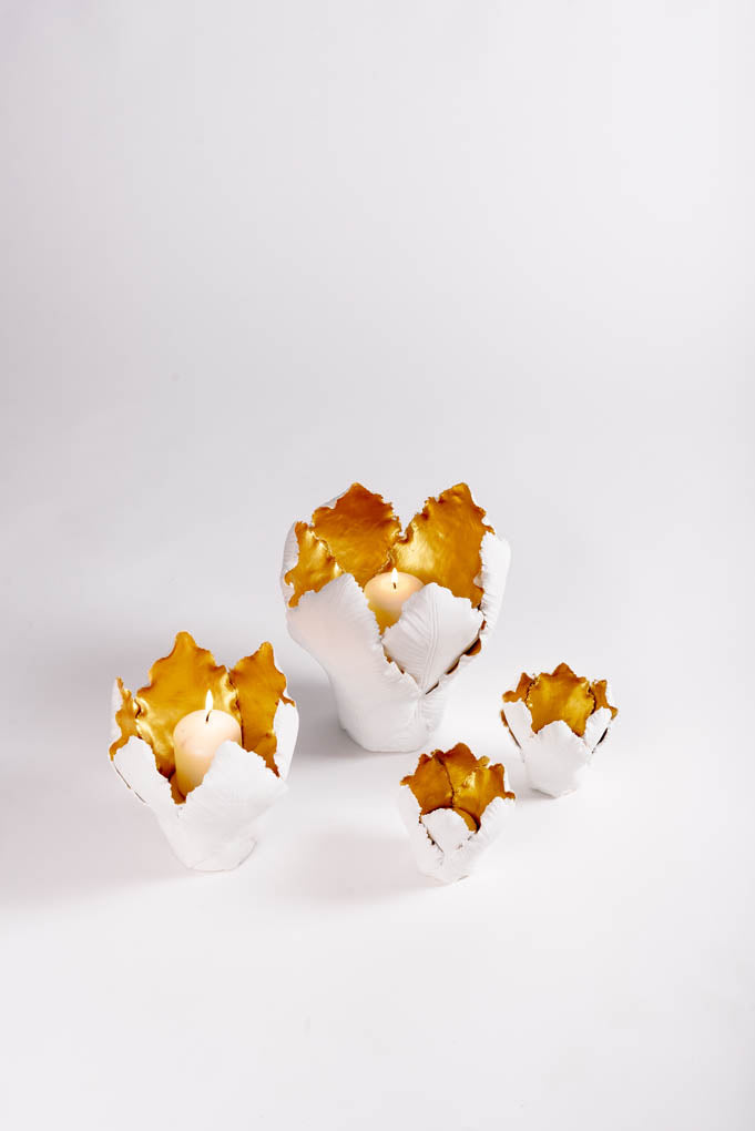 White and Gold Porcelain Tulip Petals Candleholder - Large