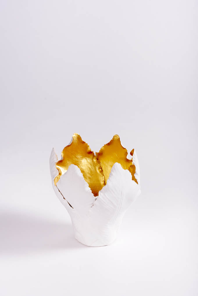 White and Gold Porcelain Tulip Petals Candleholder - Large