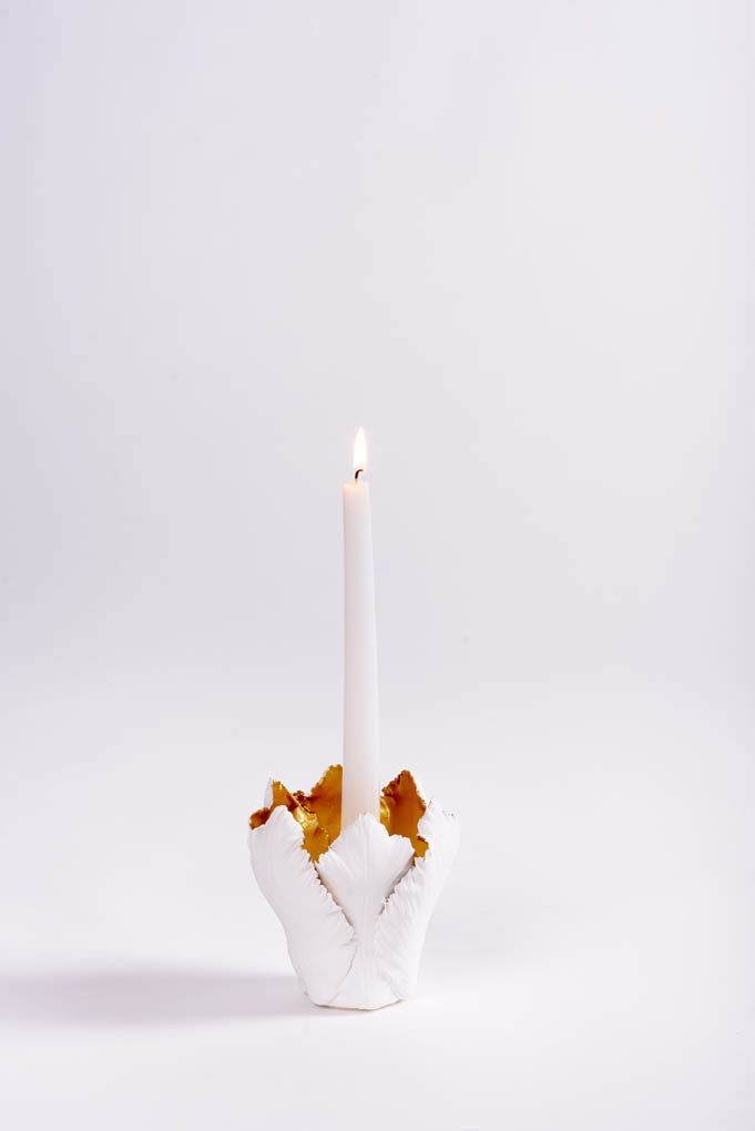 White and Gold Porcelain Tulip Petals Candleholder - Small
