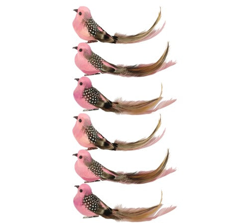 Large Pink Feathered Clip-on Bird Ornaments, Set of 6