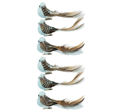 Medium Light Blue Feathered Clip-on Bird Ornaments, Set of 6