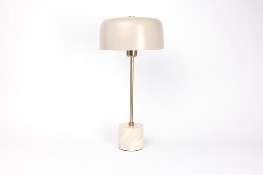 Table Lamp with Linen Color Metal Lamp Shade and Travertine Marble Base