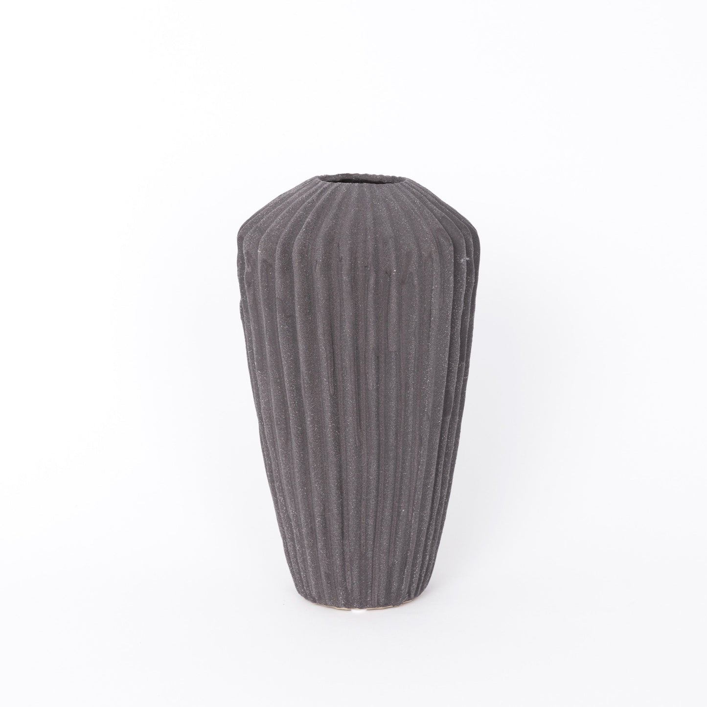 Classic Dark Grey Ceramic Vase With Vertical Grooves - Large