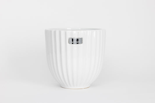 White Ceramic Flower Pot With Wide Grooves - Large