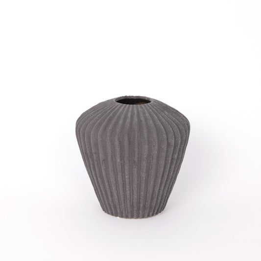 Classic Dark Grey Ceramic Vase With Vertical Grooves - Small