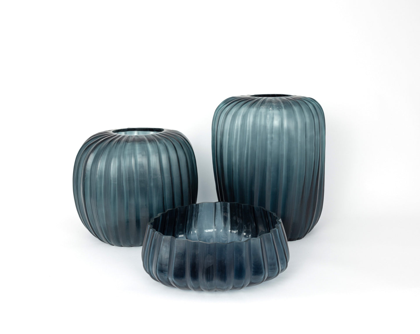 Contemporary Indigo Mouthblown Vertical Rib Glass Bowl