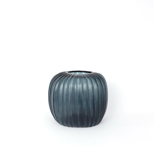 Contemporary Indigo Mouthblown Vertical Rib Glass Vase - Round