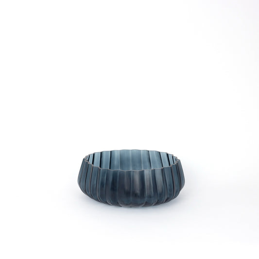 Contemporary Indigo Mouthblown Vertical Rib Glass Bowl