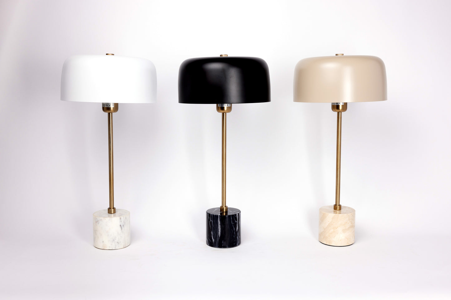 Table Lamp with Linen Color Metal Lamp Shade and Travertine Marble Base