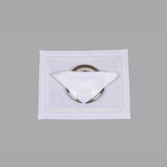 Ecru Knot Frame Placemat and Napkin 50x50 - White Linen, Set of 4