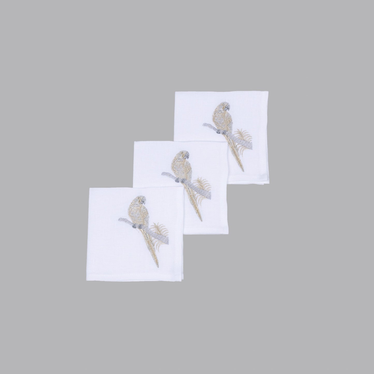 Gold/Silver Parrot Cocktail Napkin - White Linen, Set of 4