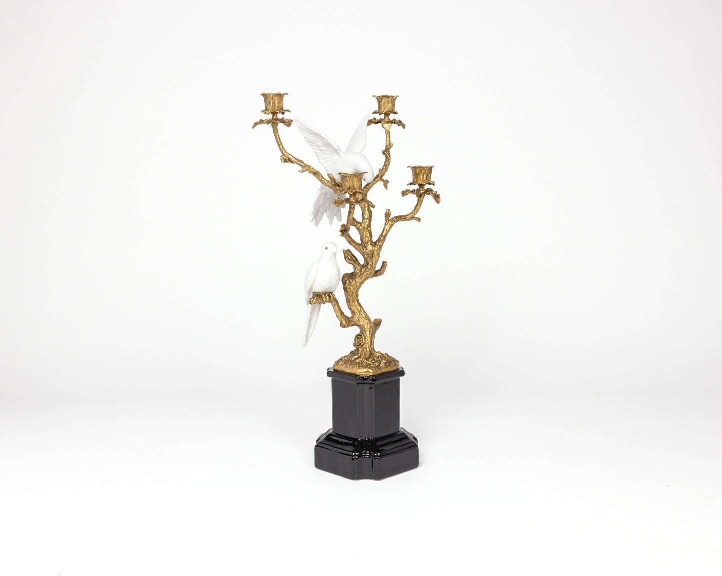 Fine Earthenware Candle Stick with White Birds and Gold Details