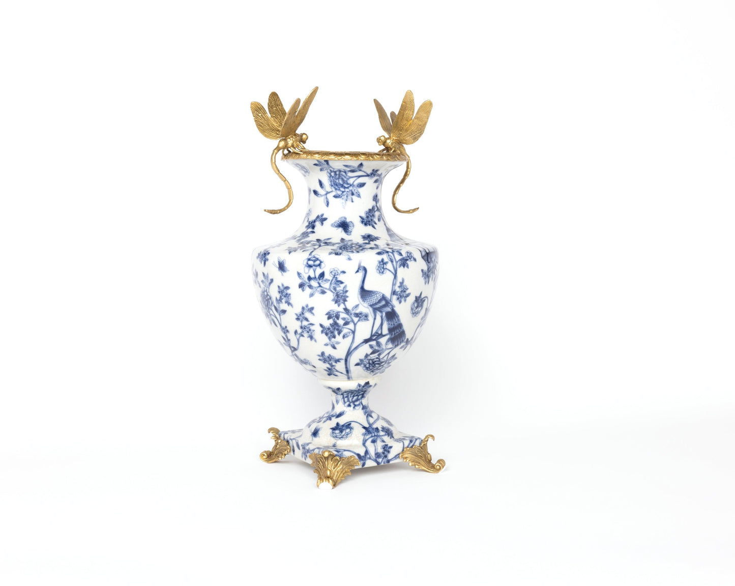 Fine Earthenware Blue Vase with Gold Dragonfly Details