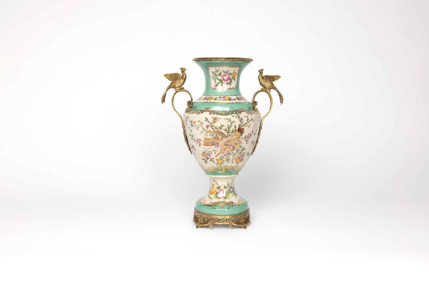 Fine Earthenware Green Vase with Gold Peacock Details