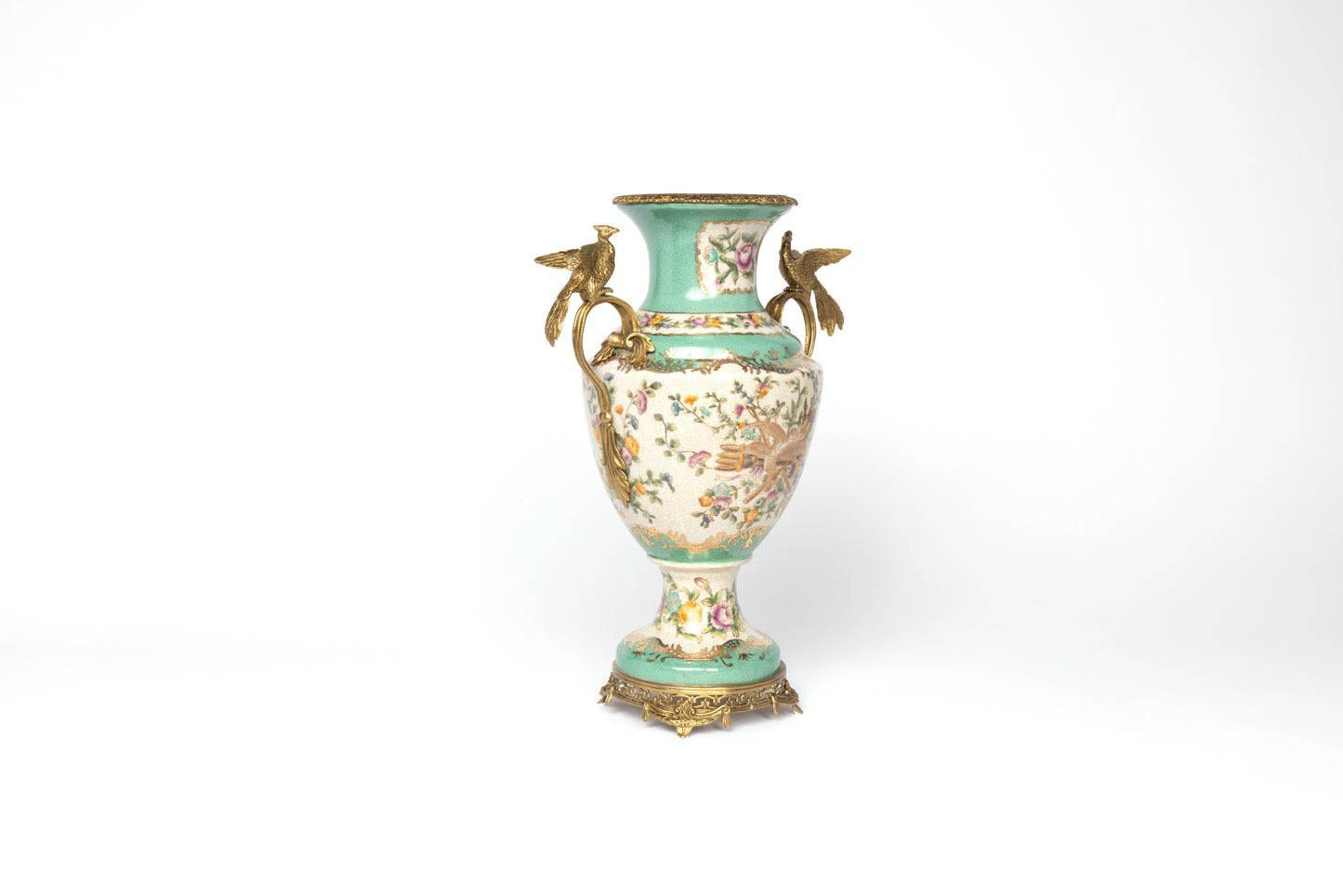 Fine Earthenware Green Vase with Gold Peacock Details