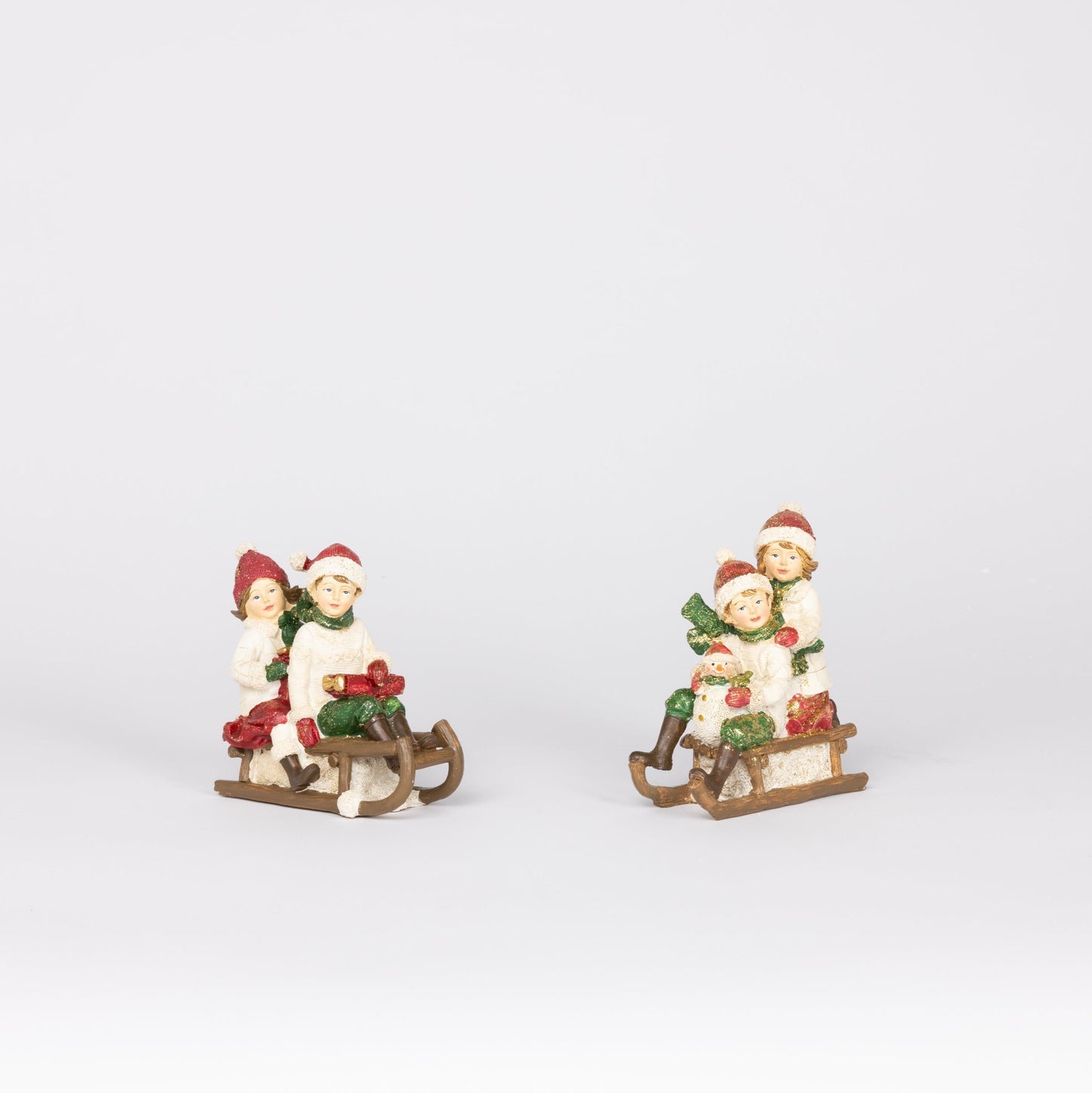 Polyresin Sleigh Children Figurines, Set of 2