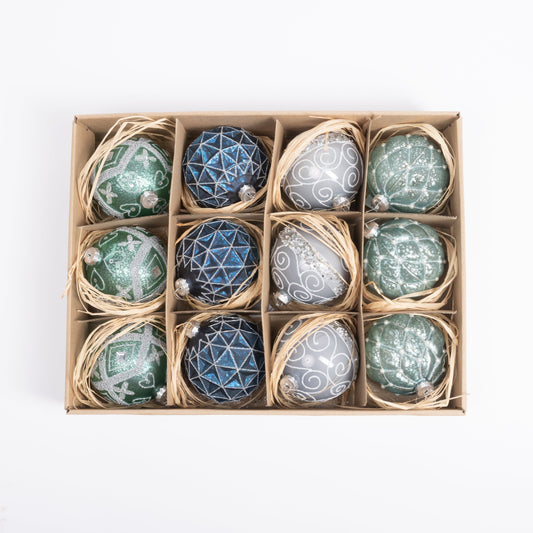 Blue Glass Christmas Baubles, Set of 12