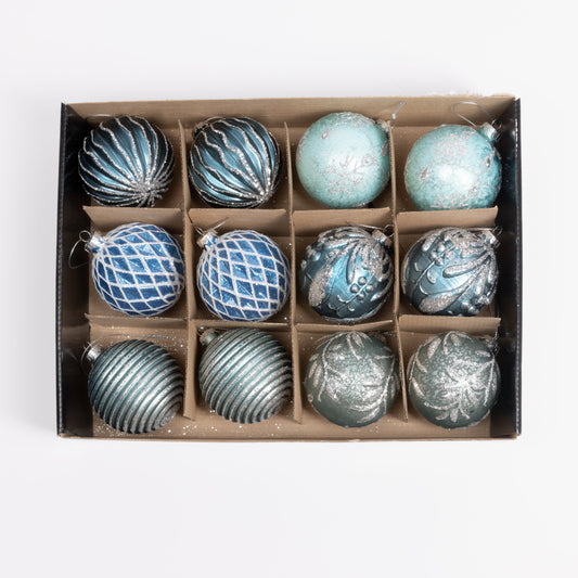 Vintage Blue Colors Glass Christmas Baubles. Set of 12