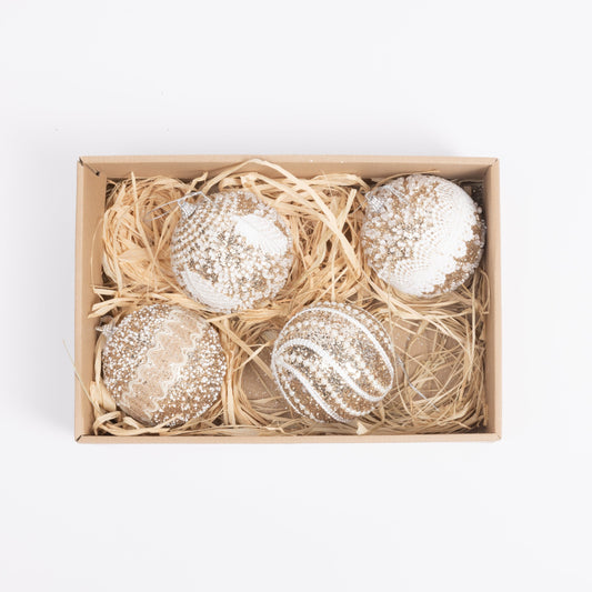 Gold and White Lace Christmas Baubles, Set of 4