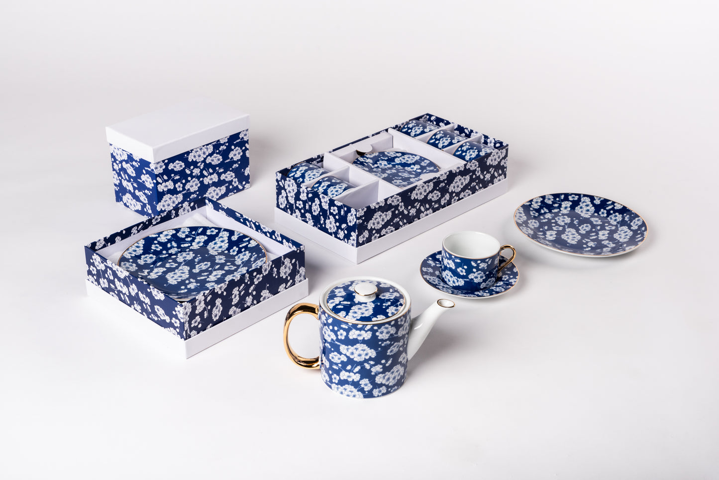 Blue Porcelain Teapot with White Cherry Blossoms