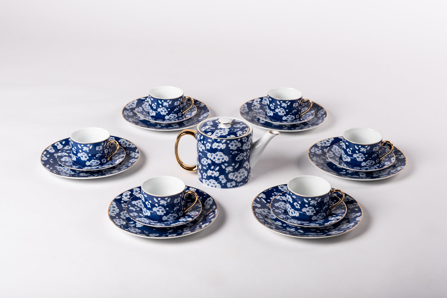 Blue Porcelain Teapot with White Cherry Blossoms