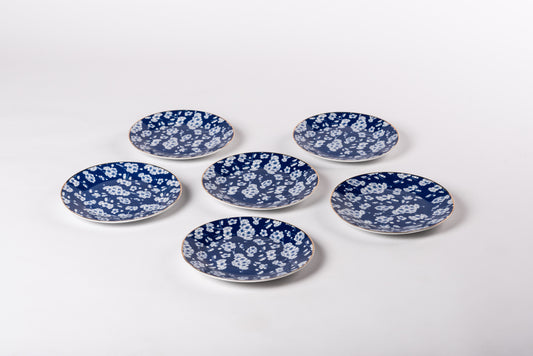 Blue Porcelain Dessert Plates with White Cherry Blossoms - Set of 6