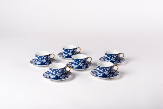 Blue Porcelain Tea Cups with White Cherry Blossoms - Set of 6