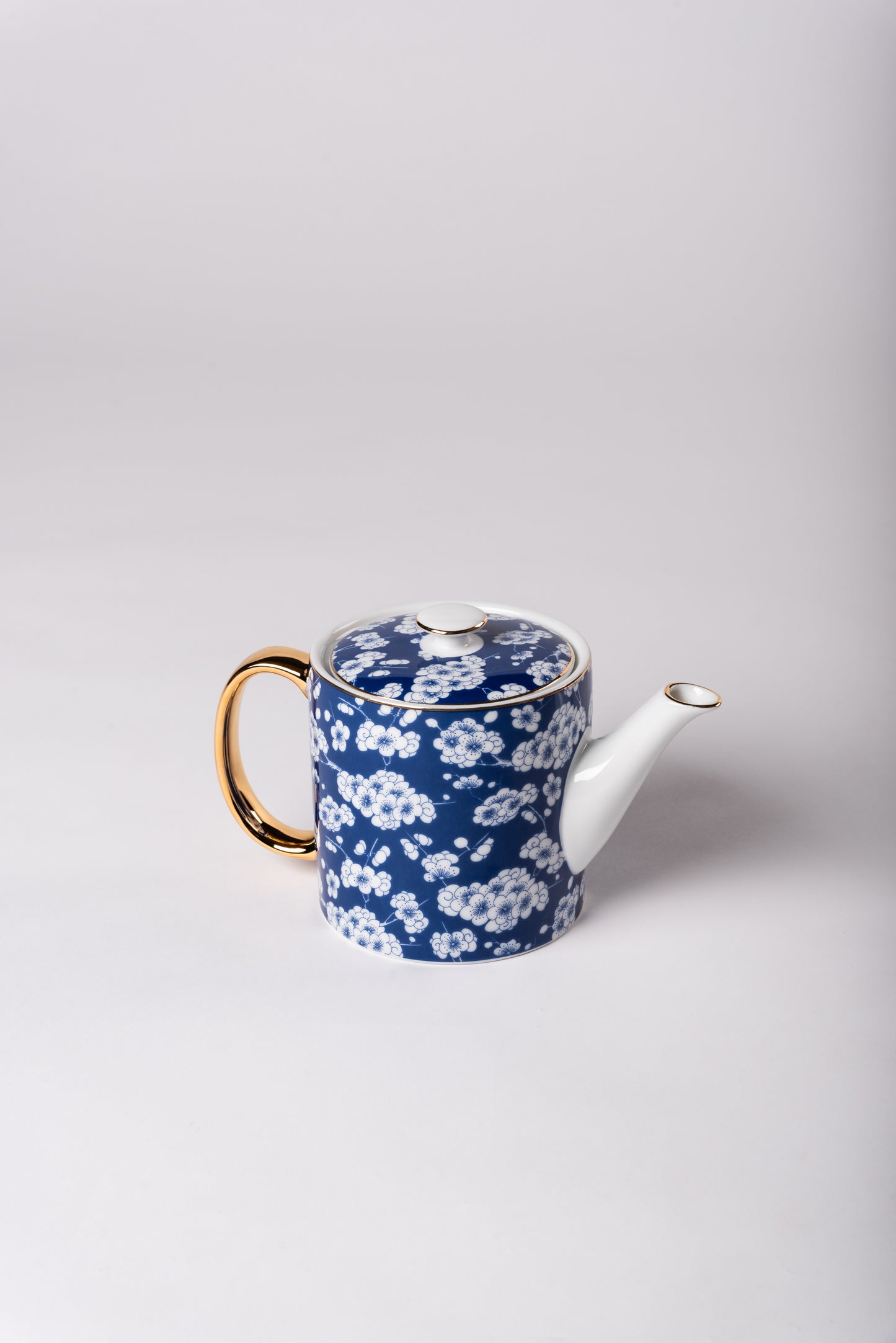 Blue Porcelain Teapot with White Cherry Blossoms