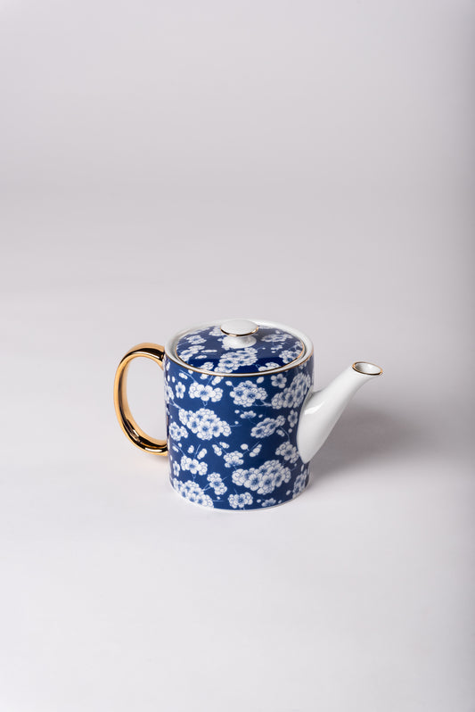 Blue Porcelain Teapot with White Cherry Blossoms
