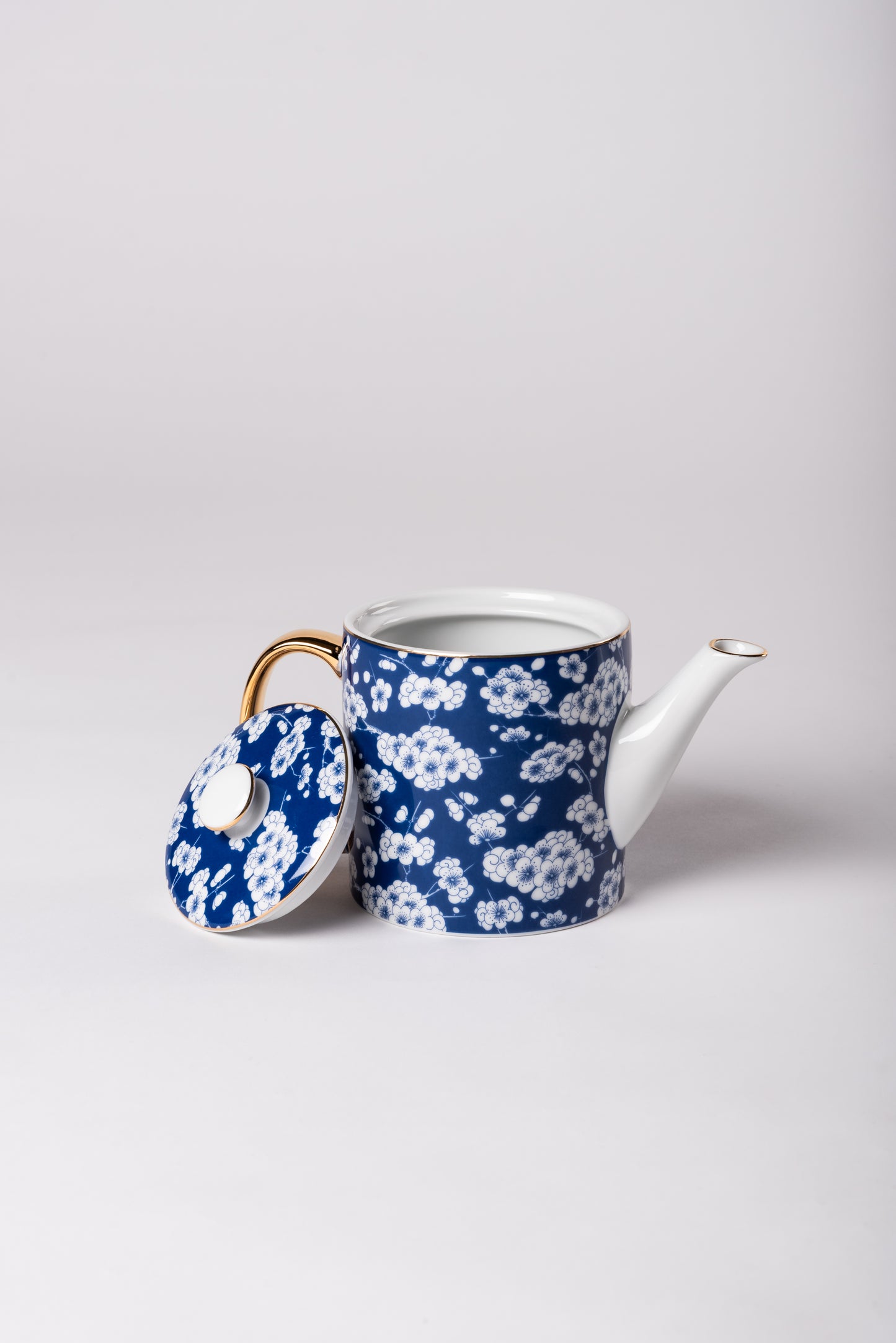 Blue Porcelain Teapot with White Cherry Blossoms