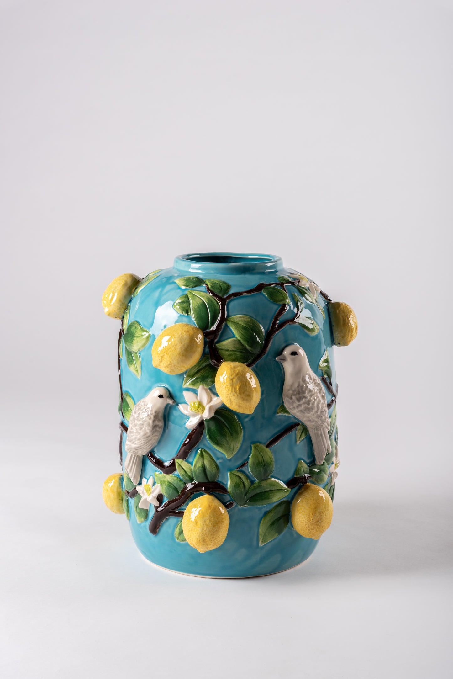 Blue Vases with Lemons and Birds Motifs