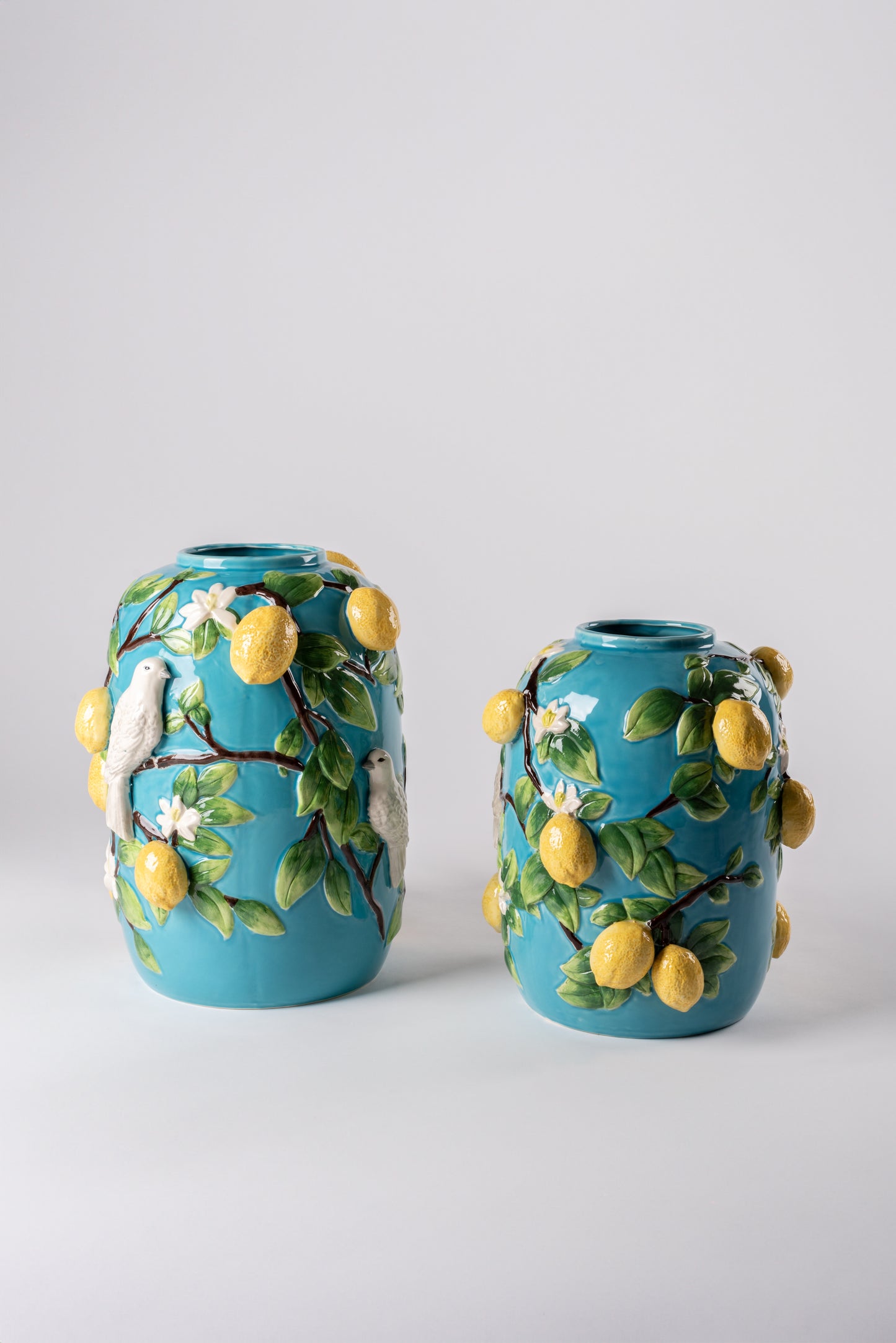 Blue Vases with Lemons and Birds Motifs