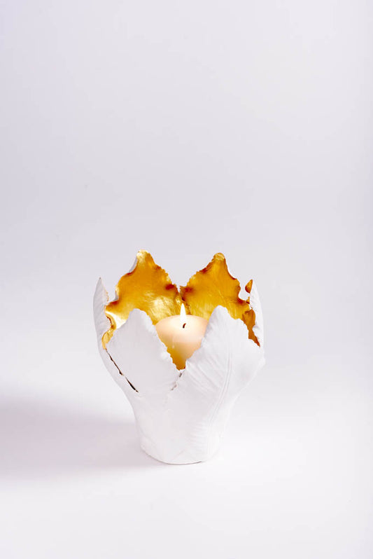 White and Gold Porcelain Tulip Petals Candleholder - Large