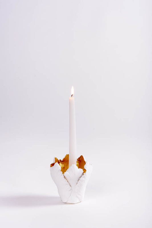 White and Gold Porcelain Tulip Petals Candleholder - Small
