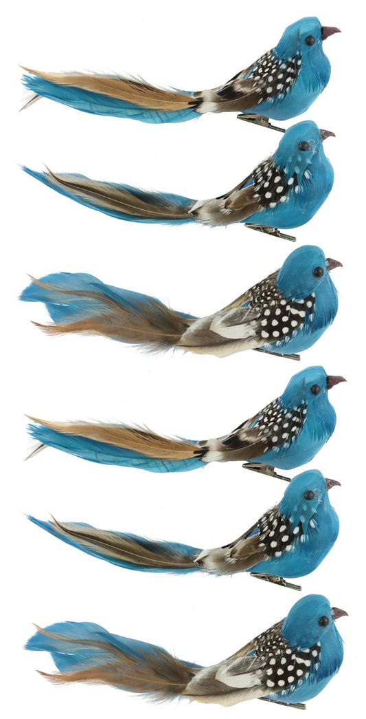 Large Blue Feathered Clip-on Bird Ornaments, Set of 6